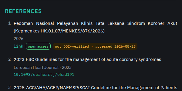 A real KoasKit entry's reference list, showing DOI-linked citations, open-access status, and an audit note from a correction